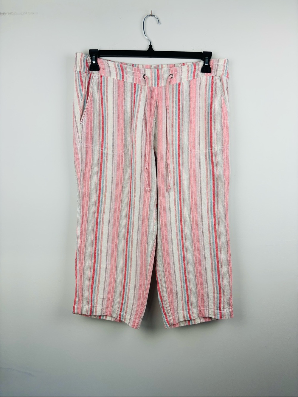 Keren Hart Linen Blend Pink Striped Capris Womens Large  Elastic Drawstring L